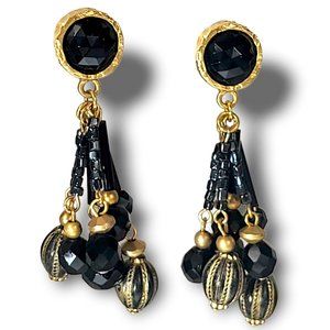 Black Faceted Stones in Gold Plate Beaded Tassels